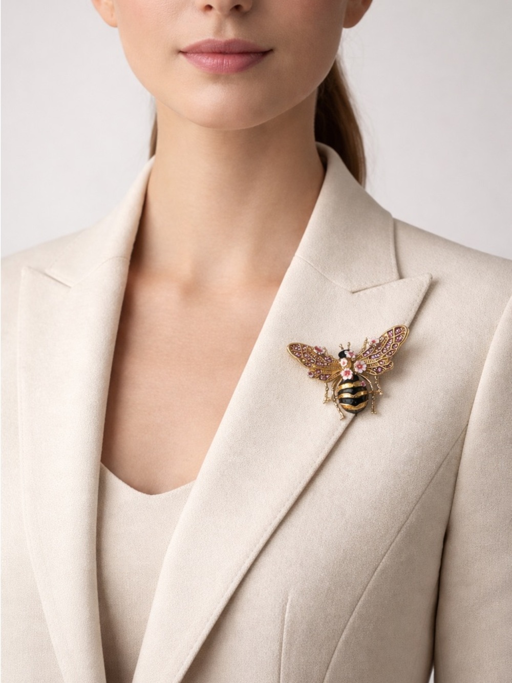 Gold & Pink Crystal Bee Brooch Pin • Whimsical Enamel Queen Bee Jewelry